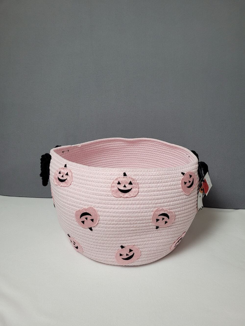 Large Pink Halloween Woven Candy Basket Pink Embroided Pumpkins With Handles